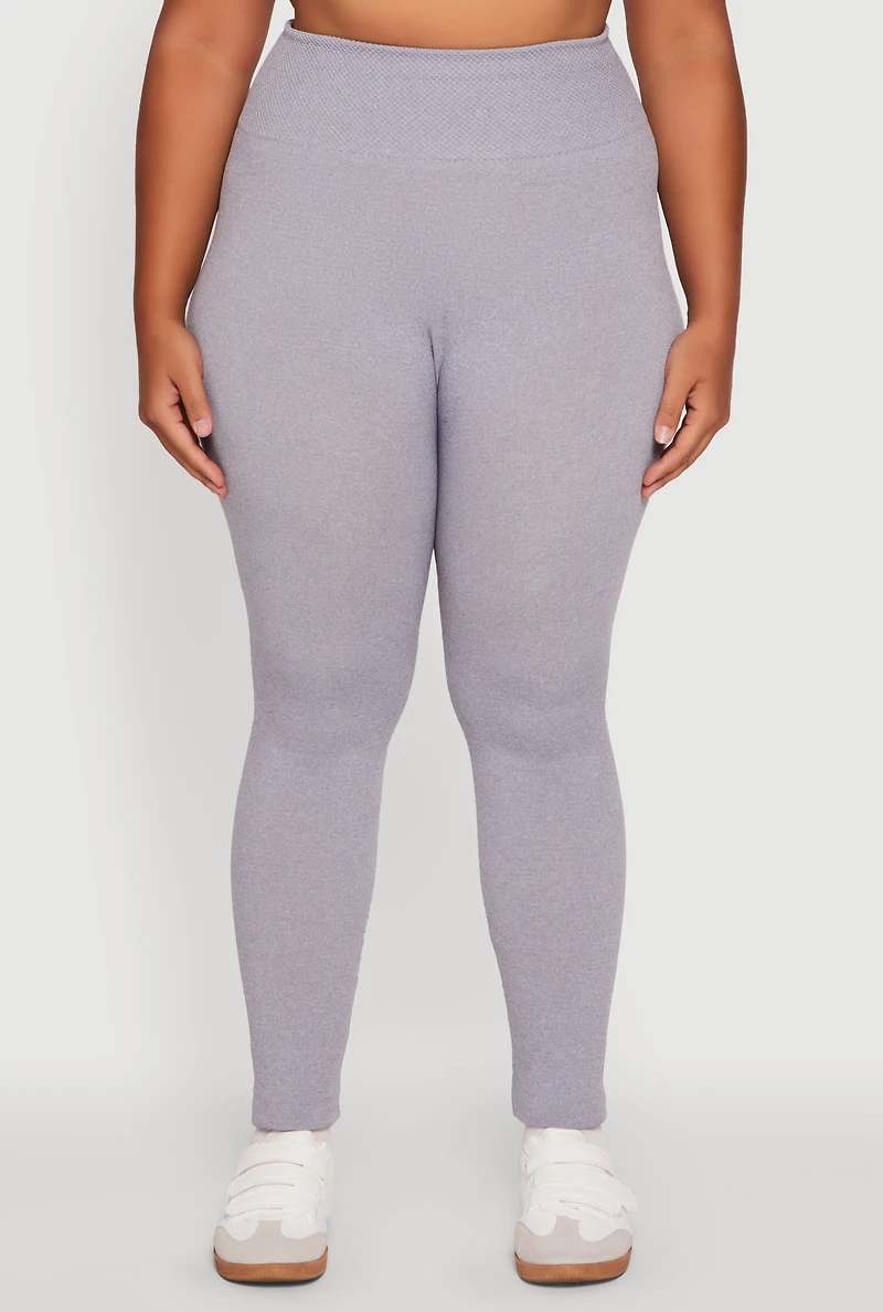 Womens Plus Fleece Lined Leggings with Textured Waistband, 1X-2X