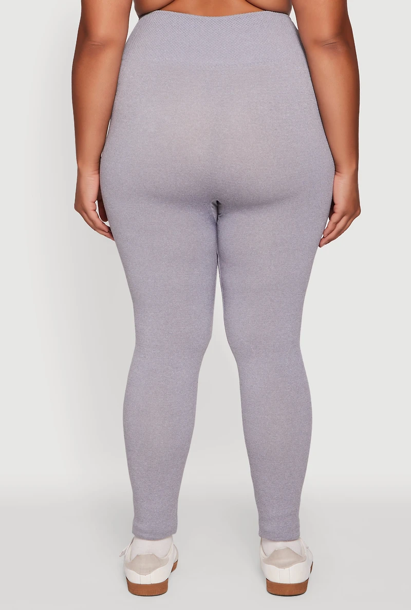 Womens Plus Fleece Lined Leggings with Textured Waistband, 1X-2X