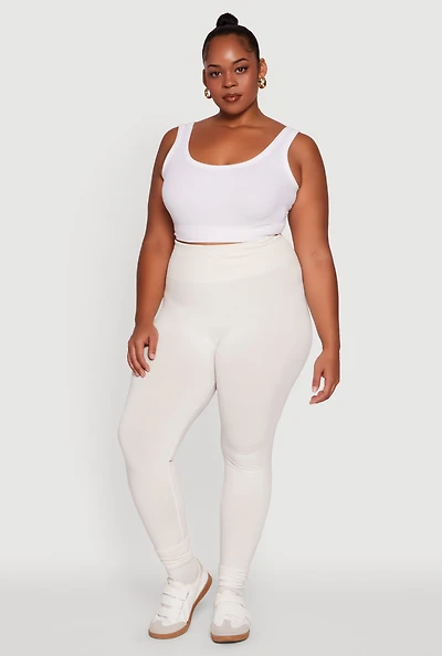 Womens Plus Size Fleece Lined Leggings with Textured Waistband, White, Size 1X-2X