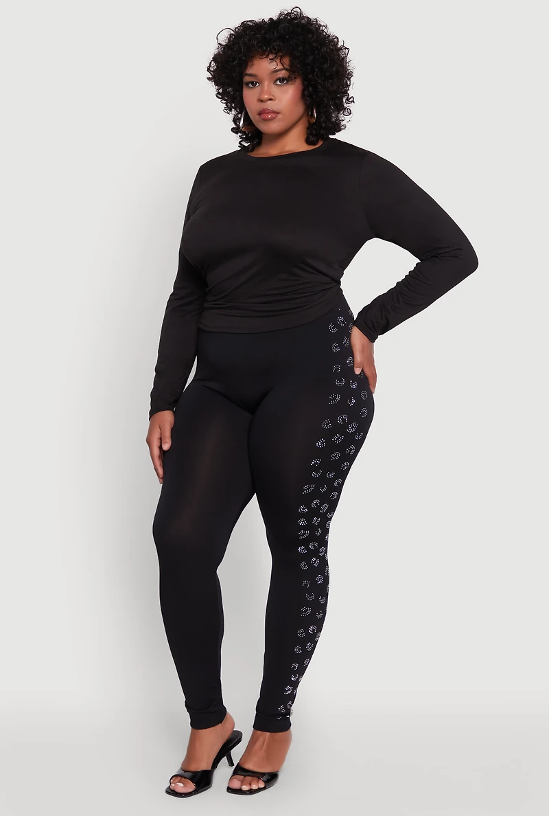 Womens Plus Size Seamless High Waisted Rhinestone Trim Leggings, Black, Size 1X-2X