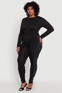 Womens Plus Size Seamless High Waisted Rhinestone Trim Leggings, Black, Size 1X-2X