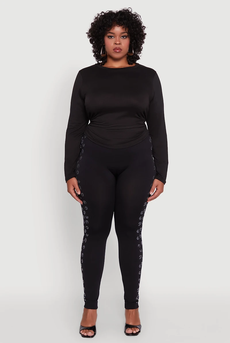 Womens Plus Size Seamless High Waisted Rhinestone Trim Leggings, Black, Size 1X-2X