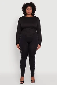 Womens Plus Size Seamless High Waisted Rhinestone Trim Leggings, Black, Size 2X-3X