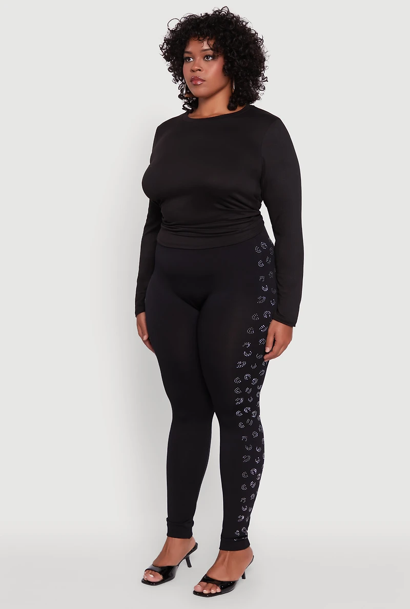 Womens Plus Size Seamless High Waisted Rhinestone Trim Leggings, Black, Size 1X-2X