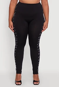 Womens Plus Size Seamless High Waisted Rhinestone Trim Leggings, Black, Size 1X-2X