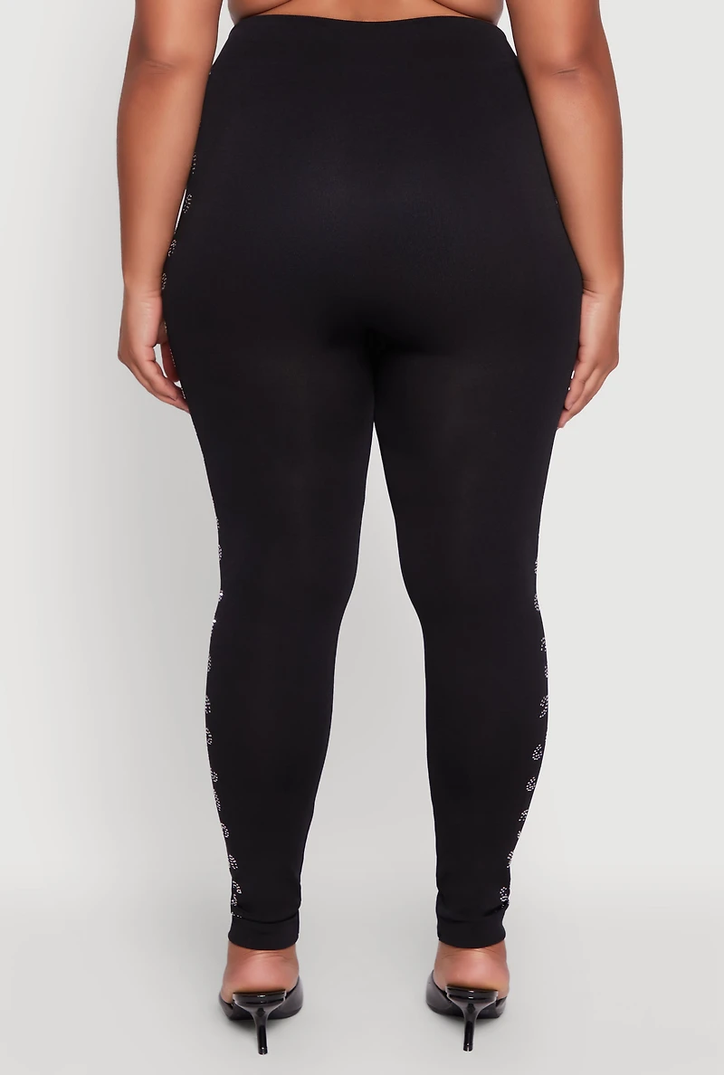 Womens Plus Size Seamless High Waisted Rhinestone Trim Leggings, Black, Size 1X-2X