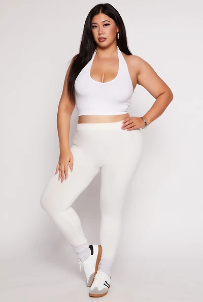 Womens Plus Size Solid Fleece Leggings, White, Size 1X-2X