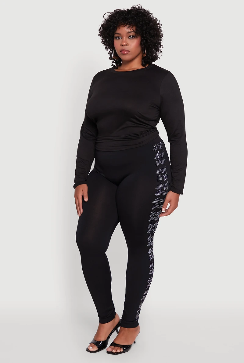 Womens Plus Size Seamless High Waisted Houndstooth Rhinestone Trim Leggings, Black, Size 2X-3X
