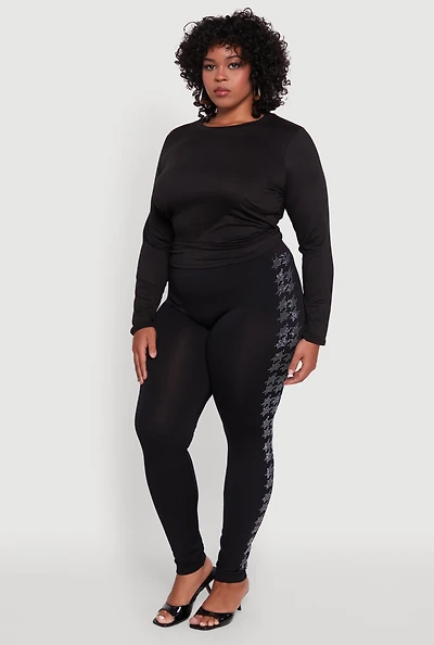 Womens Plus Size Seamless High Waisted Houndstooth Rhinestone Trim Leggings, Black, Size 1X-2X