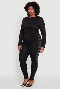 Womens Plus Size Seamless High Waisted Houndstooth Rhinestone Trim Leggings, Black, Size 1X-2X
