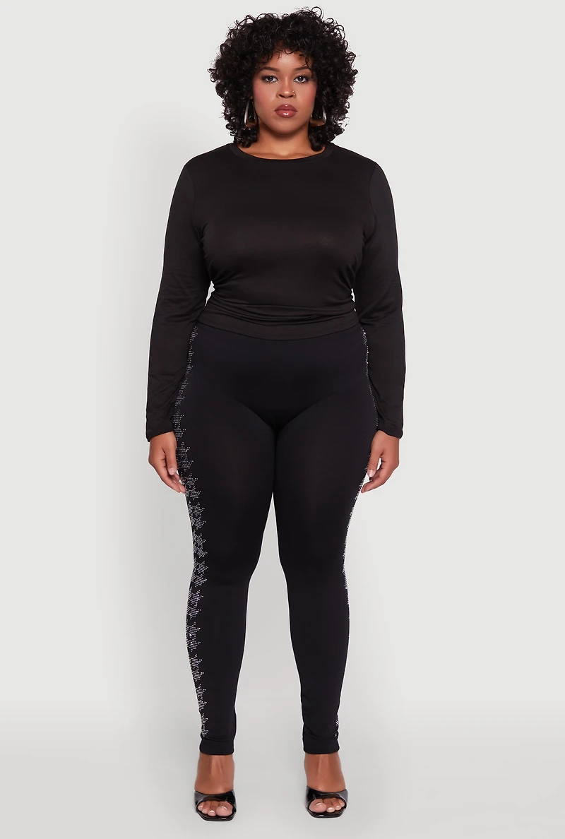 Womens Plus Size Seamless High Waisted Houndstooth Rhinestone Trim Leggings, Black, Size 1X-2X
