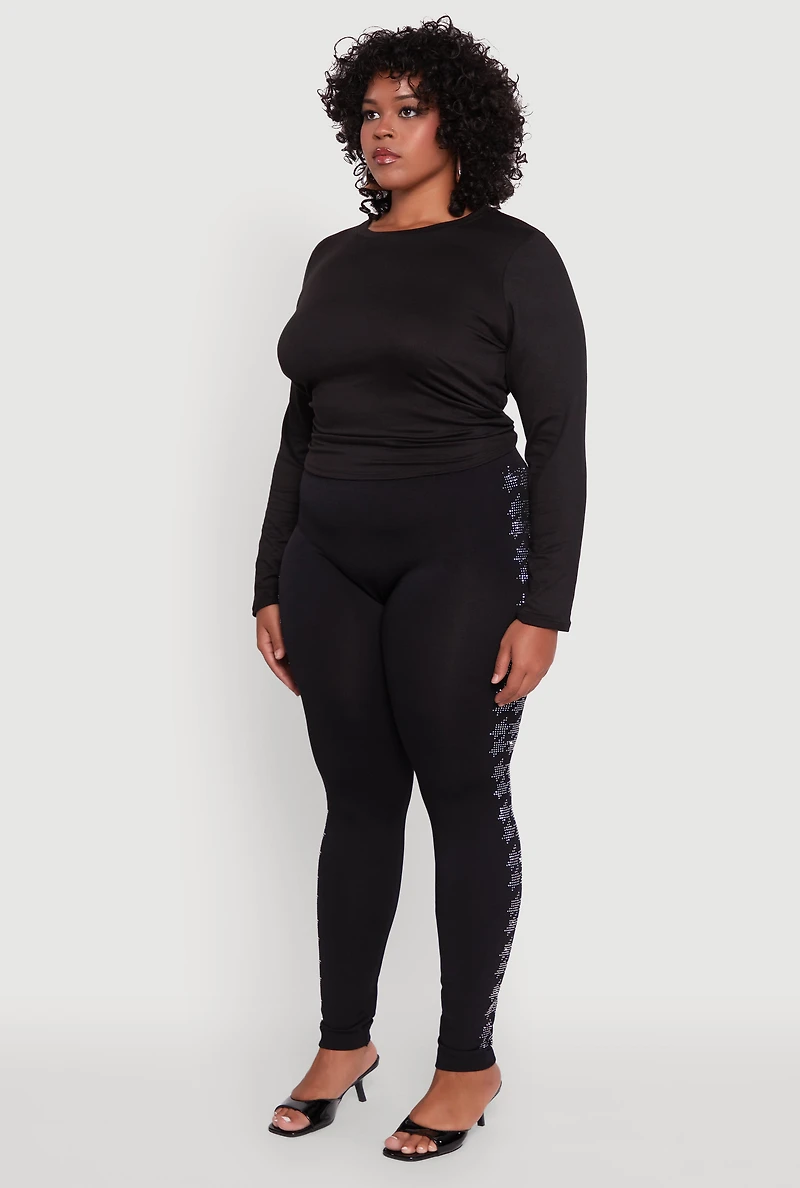 Womens Plus Size Seamless High Waisted Houndstooth Rhinestone Trim Leggings, Black, Size 1X-2X