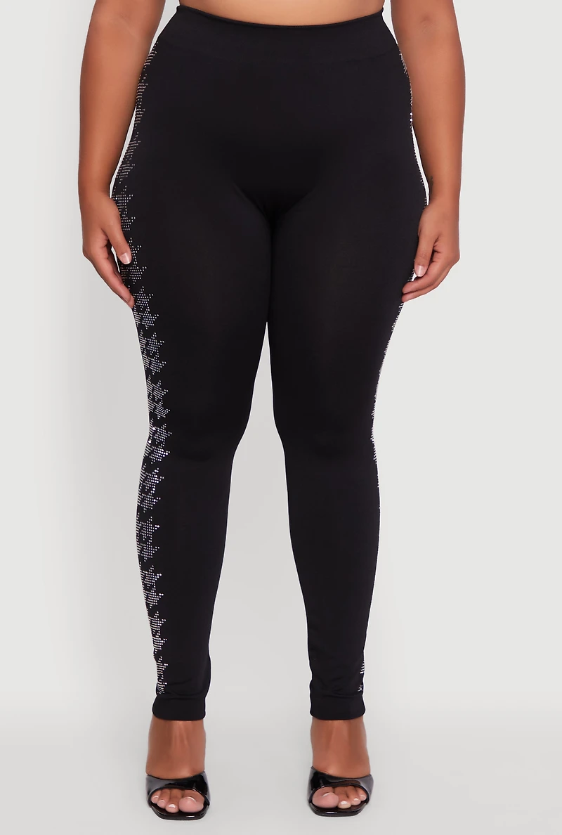 Womens Plus Size Seamless High Waisted Houndstooth Rhinestone Trim Leggings, Black, Size 2X-3X