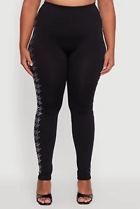 Womens Plus Size Seamless High Waisted Houndstooth Rhinestone Trim Leggings, Black, Size 2X-3X