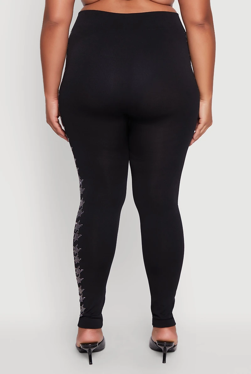 Womens Plus Size Seamless High Waisted Houndstooth Rhinestone Trim Leggings, Black, Size 2X-3X