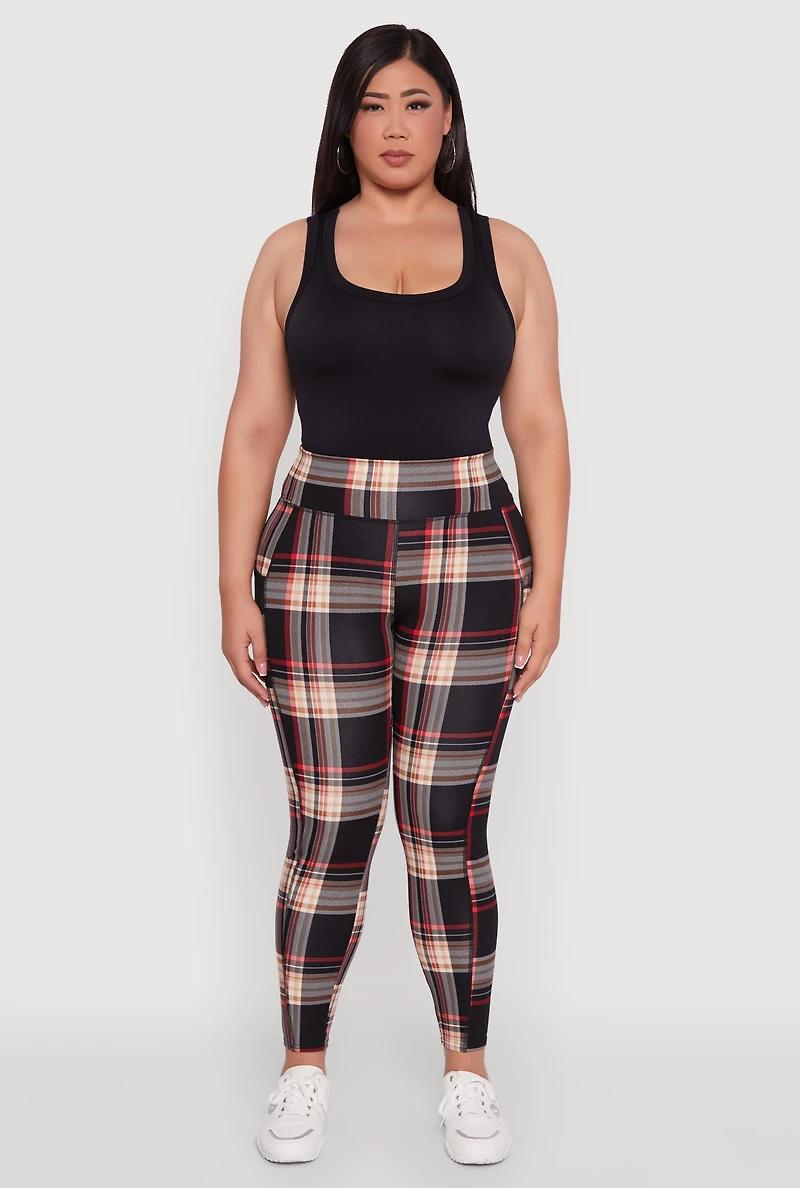 Womens Plus Size High Waisted Cell Phone Pocket Plaid Leggings, Multi, Size 2X