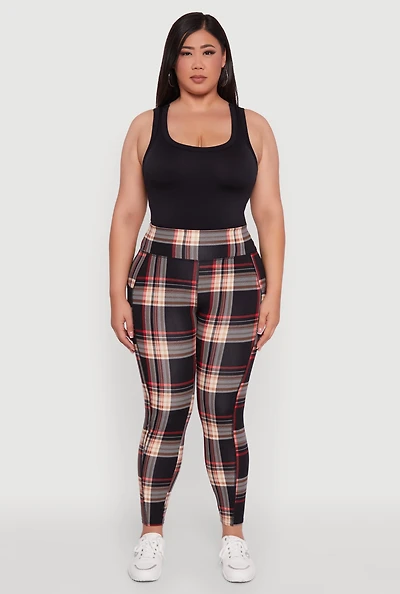 Plus High Waisted Cell Phone Pocket Plaid Leggings