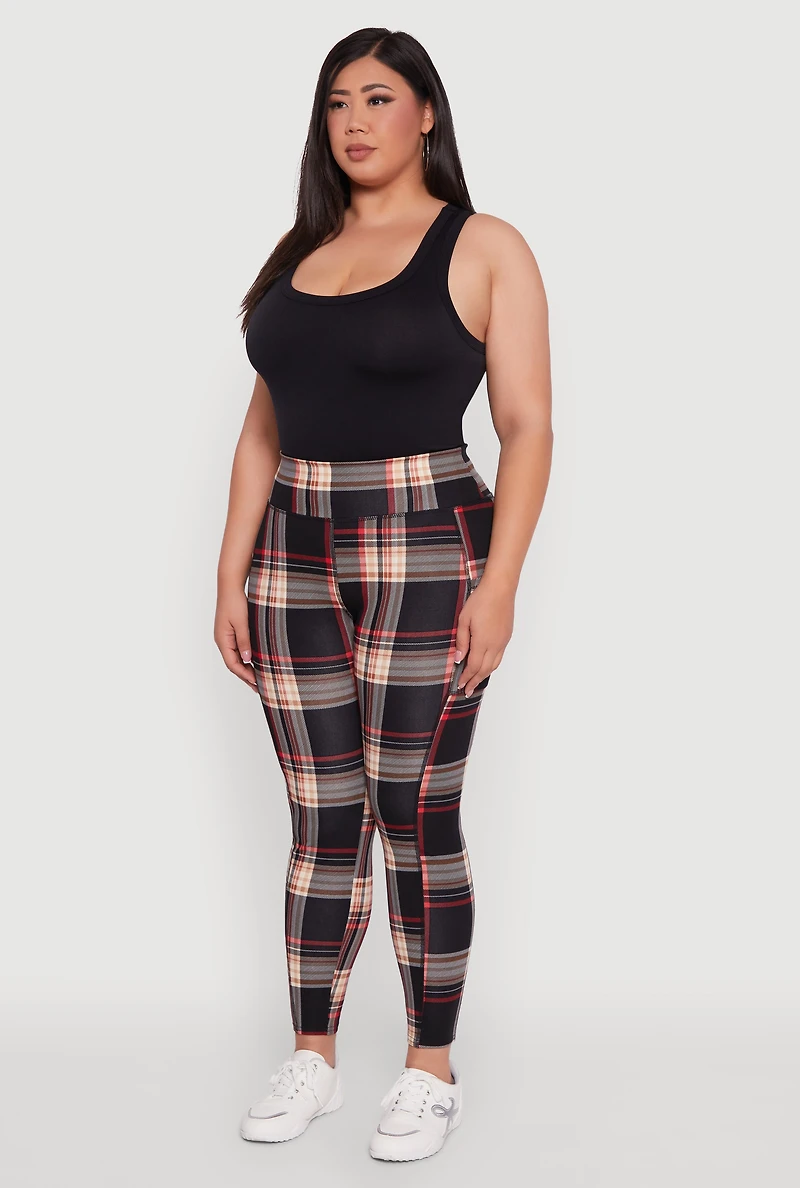 Womens Plus Size High Waisted Cell Phone Pocket Plaid Leggings, Multi, Size 2X