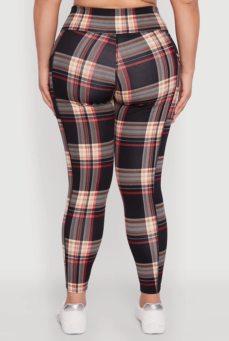 Womens Plus Size High Waisted Cell Phone Pocket Plaid Leggings, Multi, Size 2X