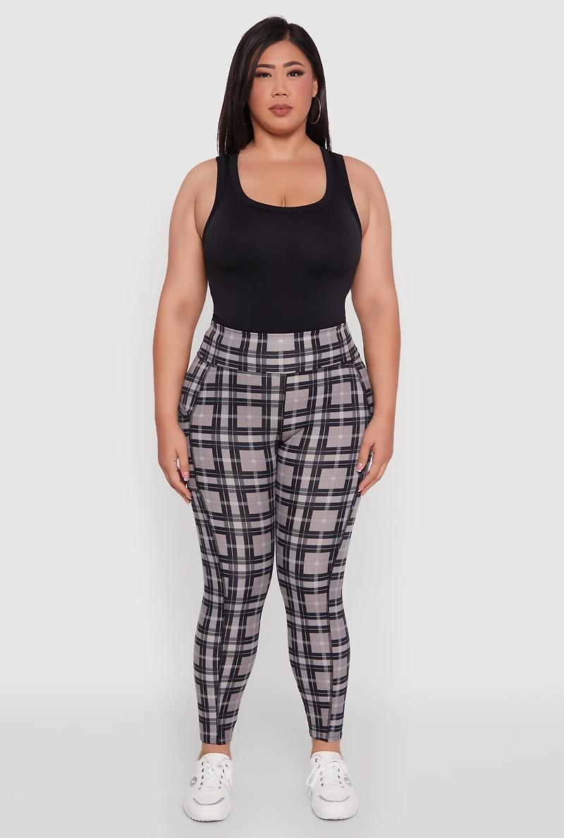 Womens Plus High Waisted Cell Phone Pocket Plaid Leggings,