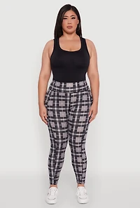 Womens Plus High Waisted Cell Phone Pocket Plaid Leggings, Grey,