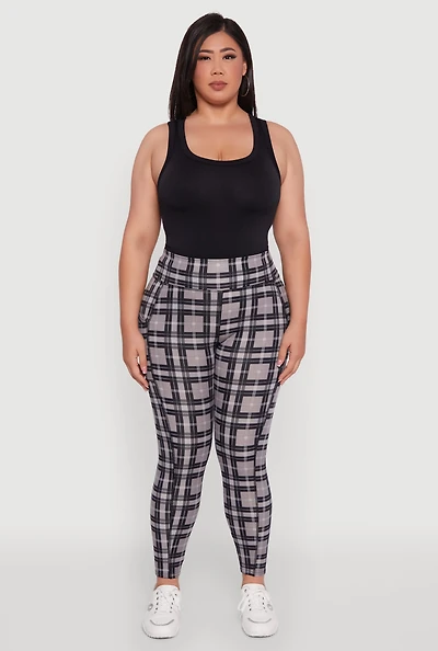 Womens Plus Size High Waisted Cell Phone Pocket Plaid Leggings, Grey, Size 1X