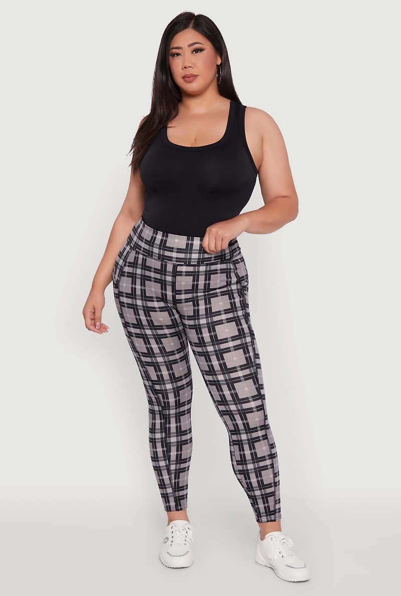 Womens Plus High Waisted Cell Phone Pocket Plaid Leggings, Grey,