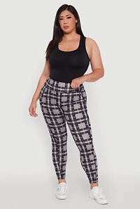 Womens Plus High Waisted Cell Phone Pocket Plaid Leggings, Grey,