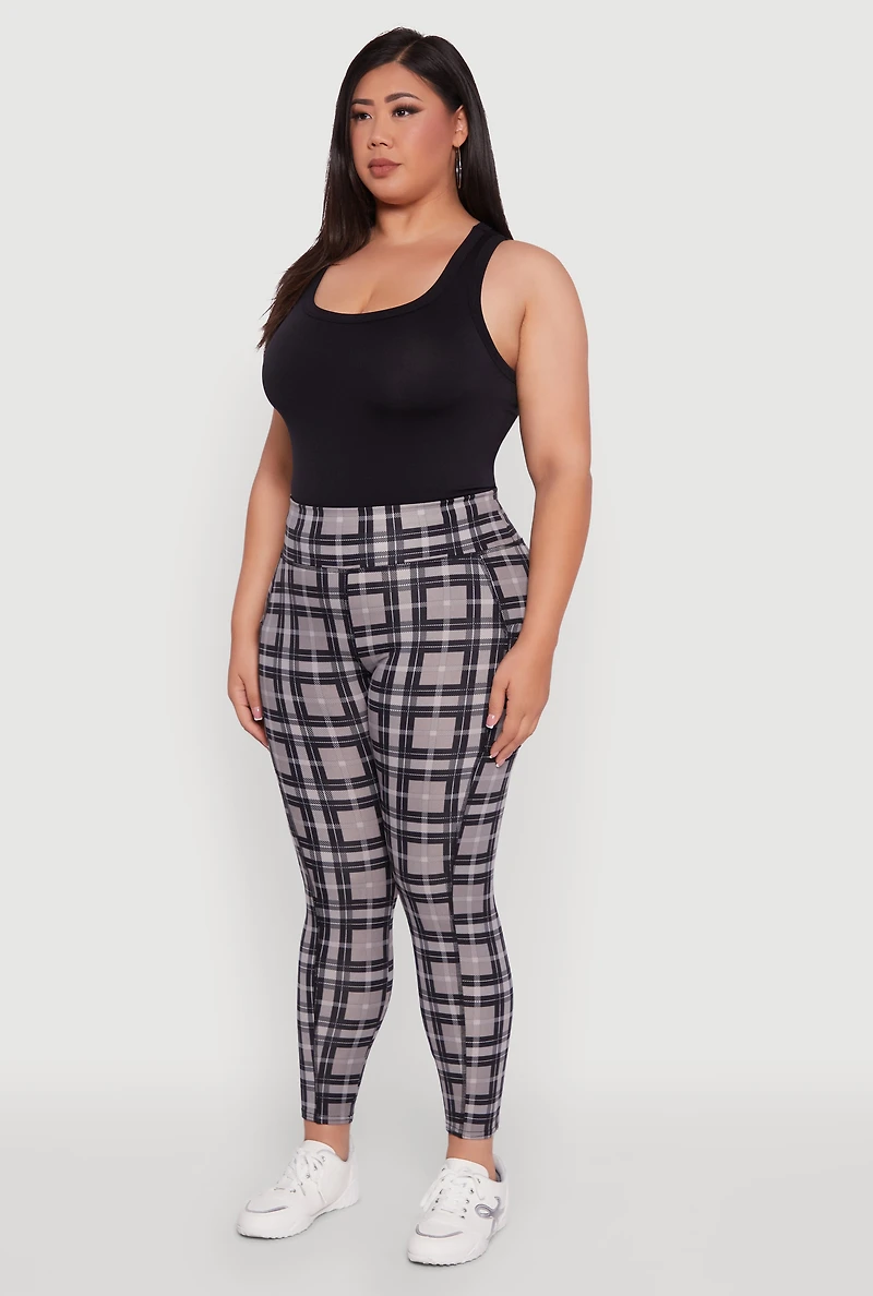 Womens Plus High Waisted Cell Phone Pocket Plaid Leggings, Grey,