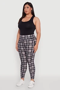 Womens Plus Size High Waisted Cell Phone Pocket Plaid Leggings, Grey, Size 1X