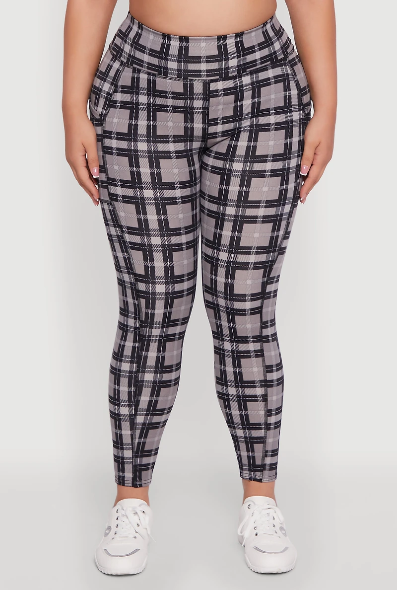 Womens Plus High Waisted Cell Phone Pocket Plaid Leggings, Grey,