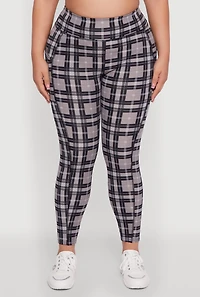 Womens Plus Size High Waisted Cell Phone Pocket Plaid Leggings, Grey, Size 3X