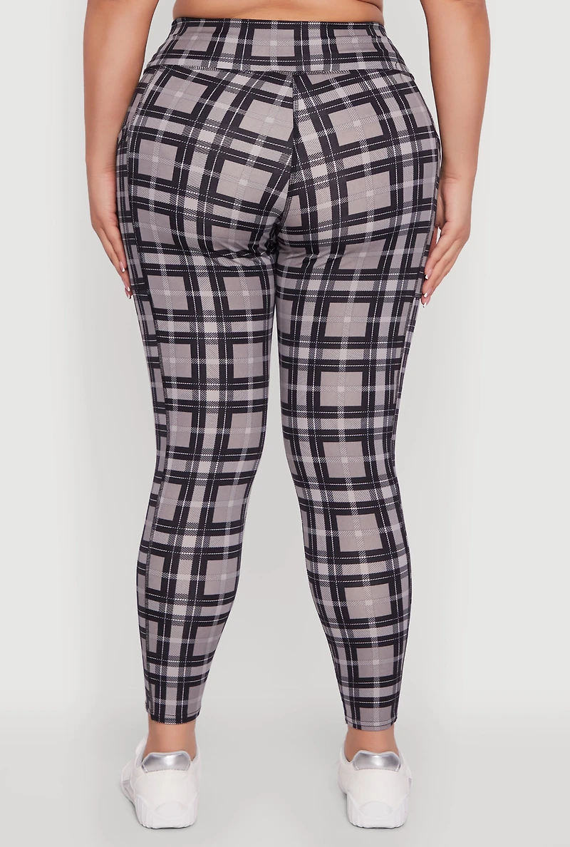 Womens Plus Size High Waisted Cell Phone Pocket Plaid Leggings, Grey, Size 3X