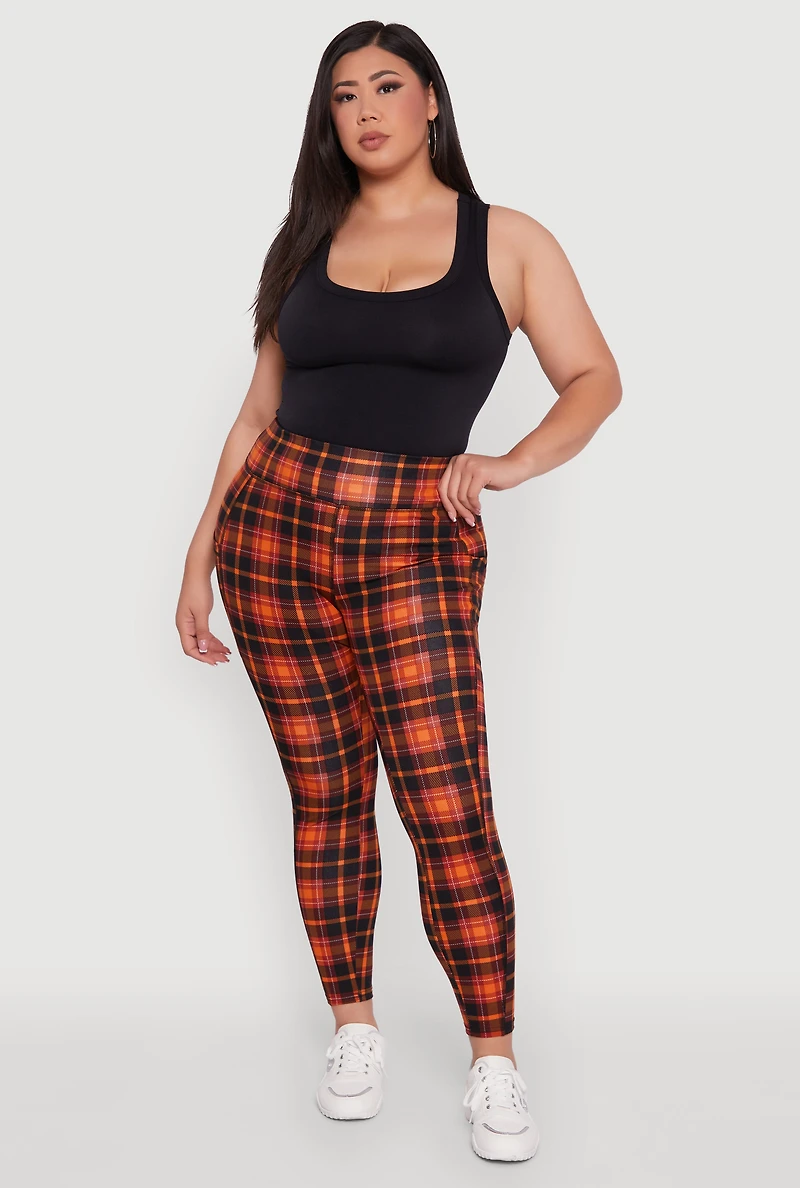 Womens Plus High Waisted Cell Phone Pocket Plaid Leggings, Multi,