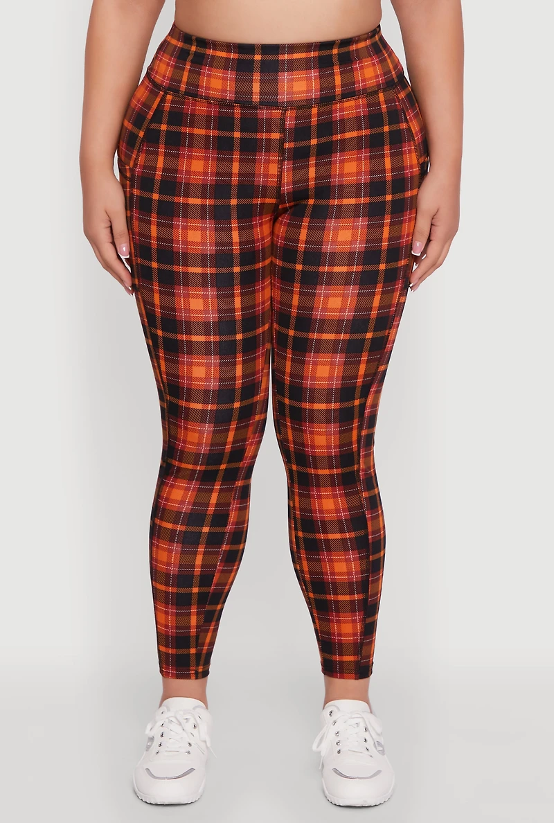 Womens Plus High Waisted Cell Phone Pocket Plaid Leggings, Multi,