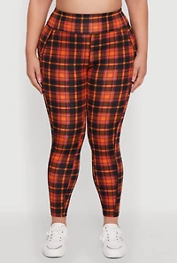 Womens Plus High Waisted Cell Phone Pocket Plaid Leggings, Multi,