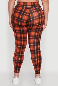 Womens Plus High Waisted Cell Phone Pocket Plaid Leggings, Multi,