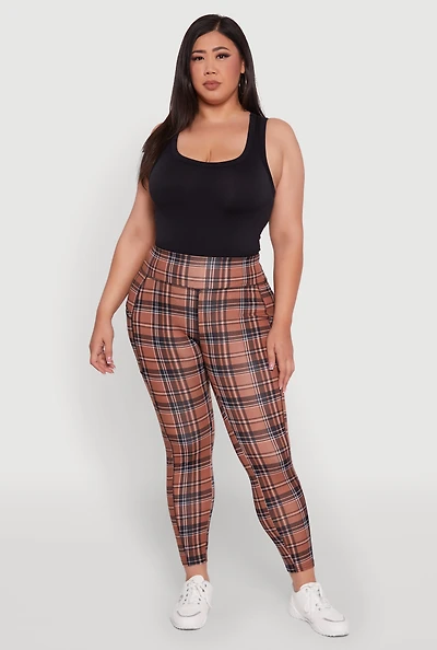 Womens Plus High Waisted Cell Phone Pocket Plaid Leggings, Multi,