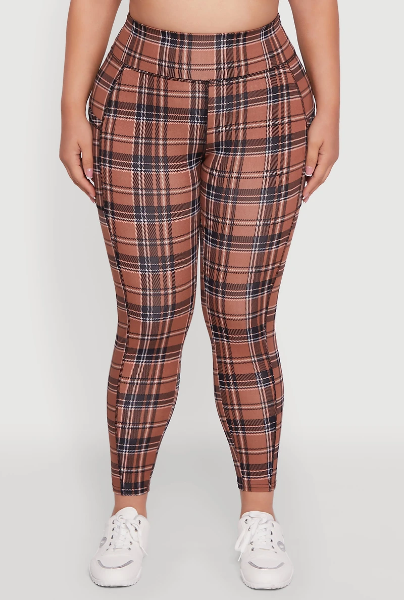 Womens Plus Size High Waisted Cell Phone Pocket Plaid Leggings, Multi, Size 3X