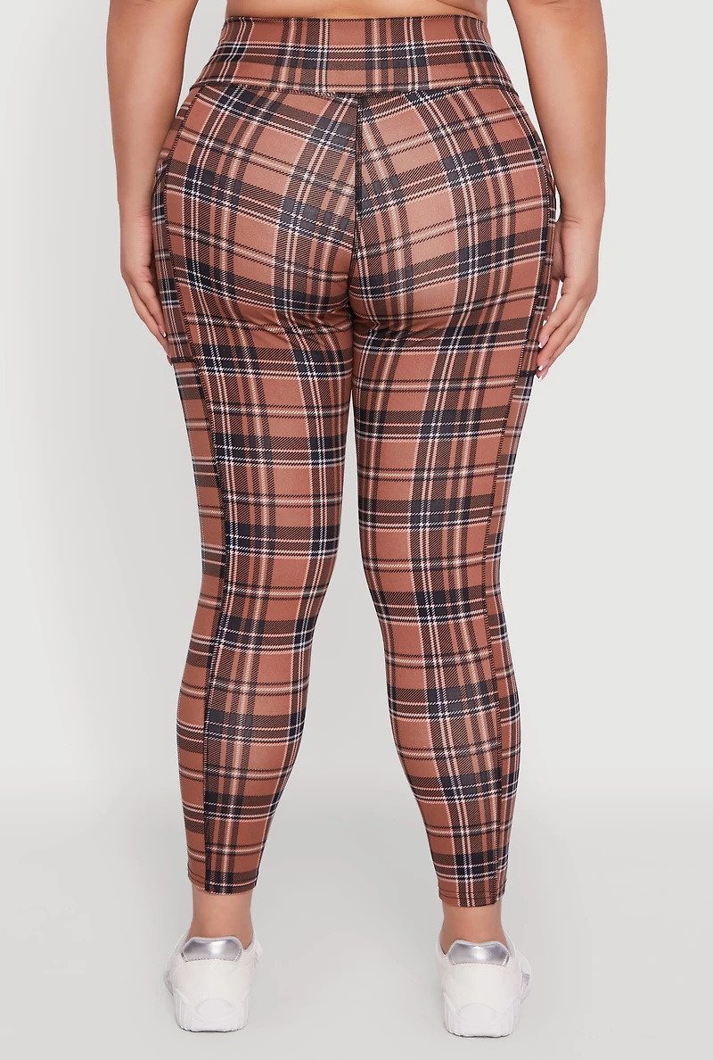 Womens Plus Size High Waisted Cell Phone Pocket Plaid Leggings, Multi, Size 3X