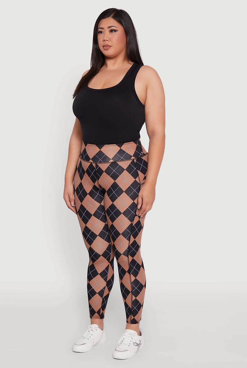 Womens Plus High Waisted Cell Phone Pocket Plaid Leggings, Multi,