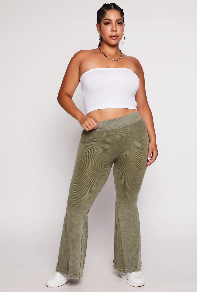 Womens Plus Seamless Ribbed High Waisted Flare Pants, Green,