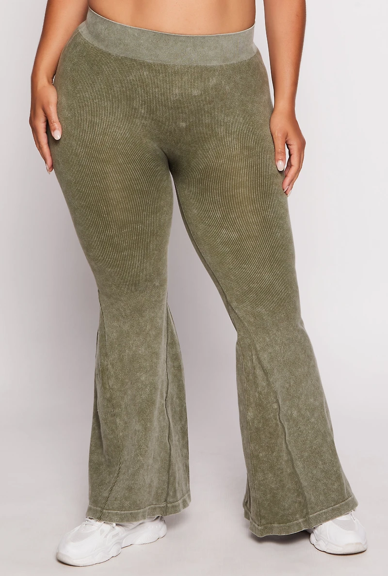 Womens Plus Size Seamless Ribbed High Waisted Flare Pants, Green, Size 1X-2X