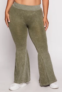 Womens Plus Size Seamless Ribbed High Waisted Flare Pants, Green, Size 1X-2X
