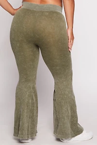 Womens Plus Size Seamless Ribbed High Waisted Flare Pants, Green, Size 1X-2X