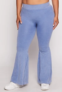 Womens Plus Size Seamless Ribbed High Waisted Flare Pants, Blue, Size 1X-2X