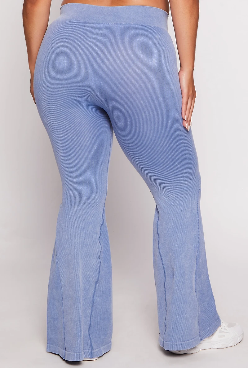 Womens Plus Size Seamless Ribbed High Waisted Flare Pants, Blue, Size 1X-2X