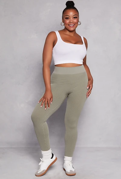 Womens Plus Size Seamless Ribbed High Waisted Leggings, Green, Size 1X-2X