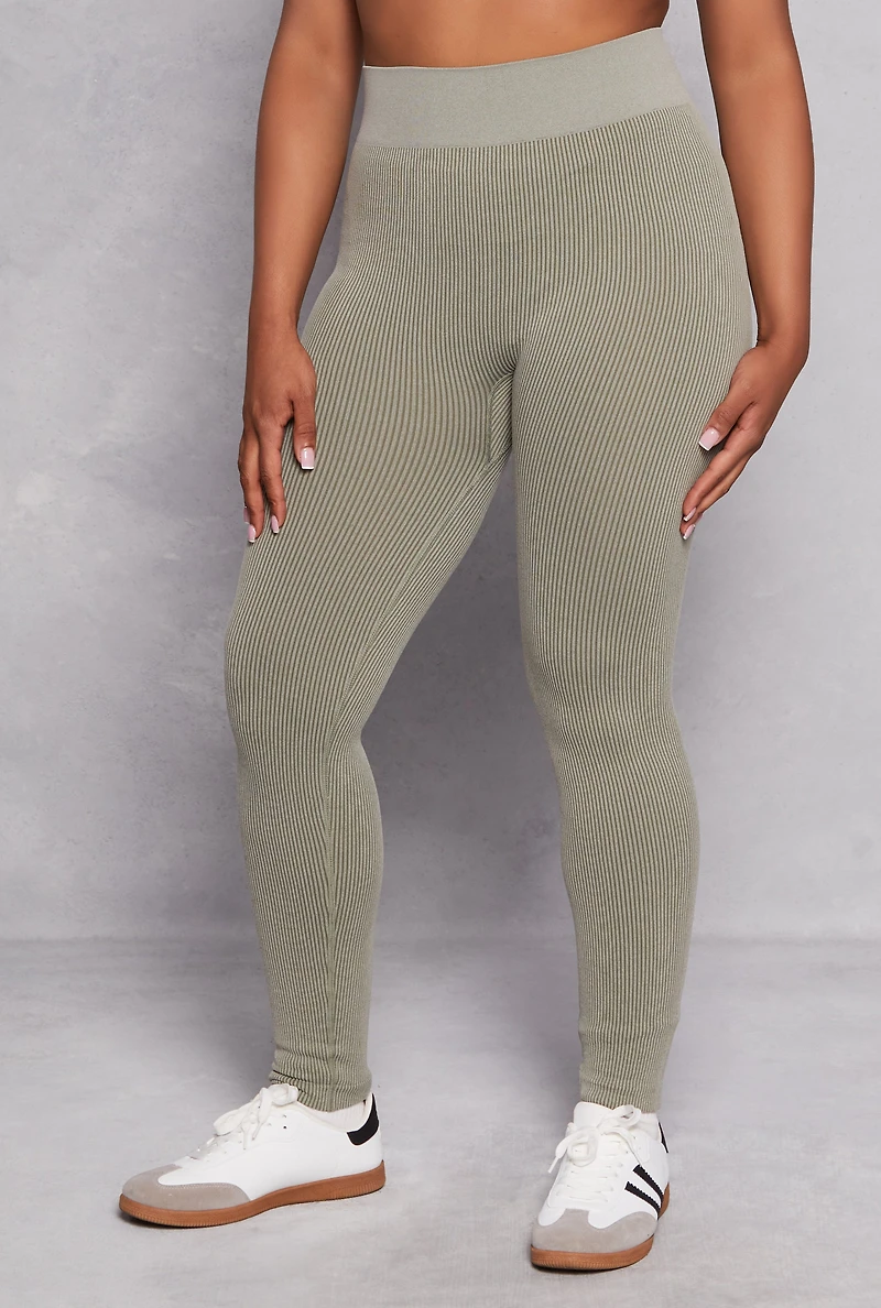 Womens Plus Size Seamless Ribbed High Waisted Leggings, Green, Size 1X-2X