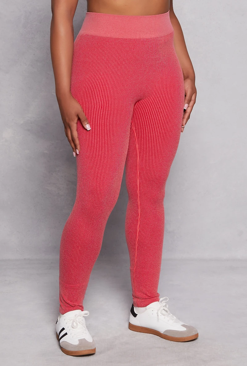 Womens Plus Size Seamless Ribbed High Waisted Leggings, Red, Size 1X-2X